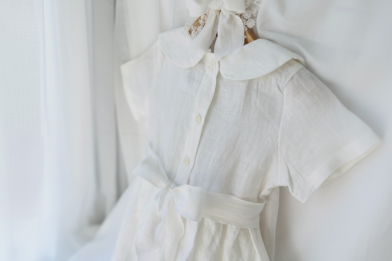 White Linen Baptism dress with detachable long skirt gown