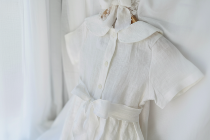 White Linen Baptism dress with detachable long skirt gown