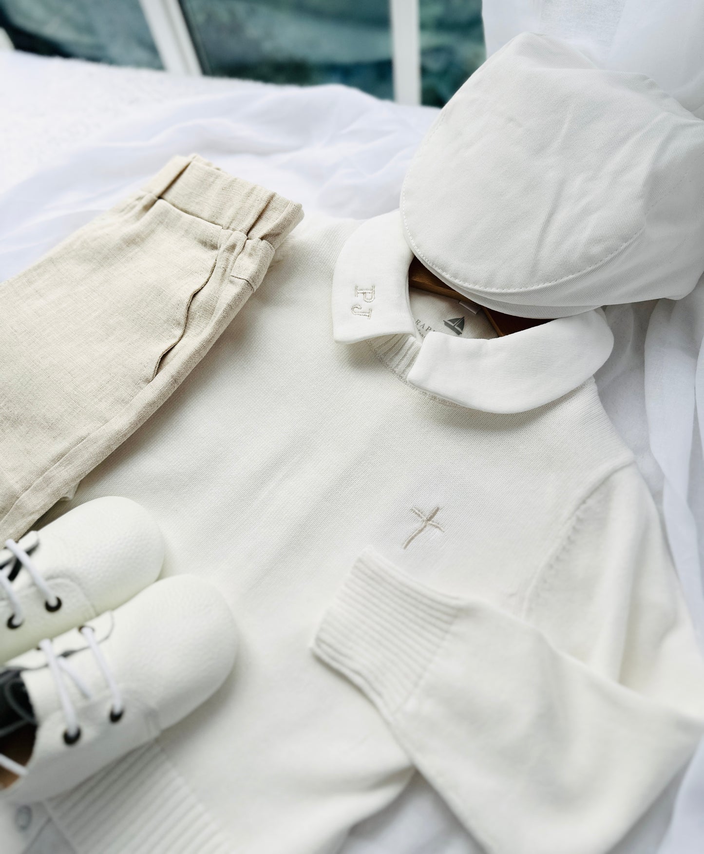 Baptism outfit with cotton onesie and jumper and linen pants