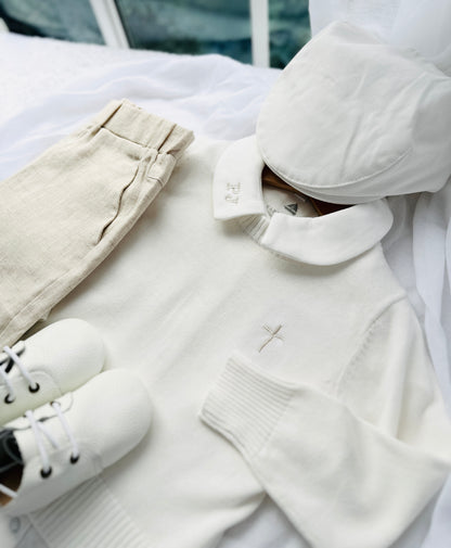 Baptism outfit with cotton onesie and jumper and linen pants
