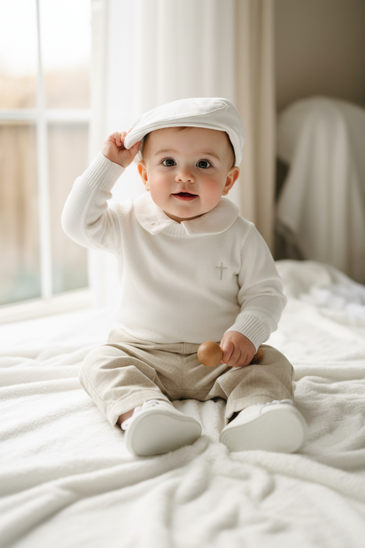 Baptism outfit with cotton onesie and jumper and linen pants