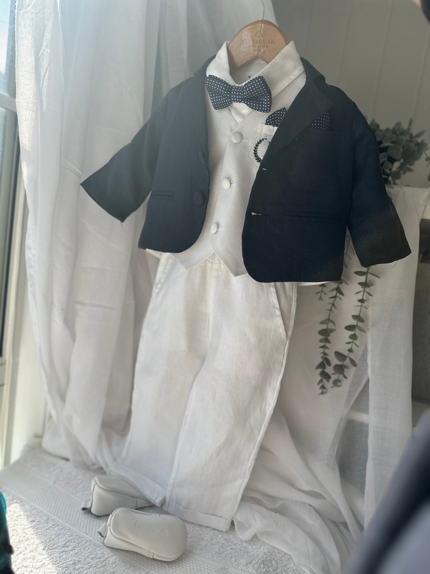 Boys white vest with white linen suit and navy jacket set