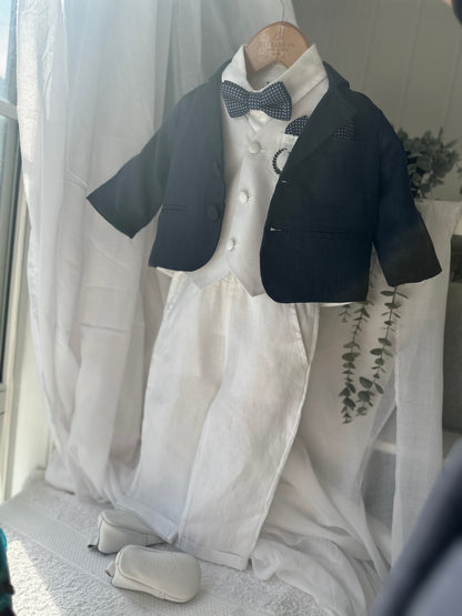 Boys white vest with white linen suit and navy jacket set
