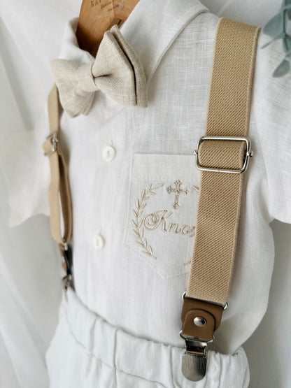 Beige Linen Shorts Shirt Suspenders and Vest set with Optional Cap Jacket and Embroidery