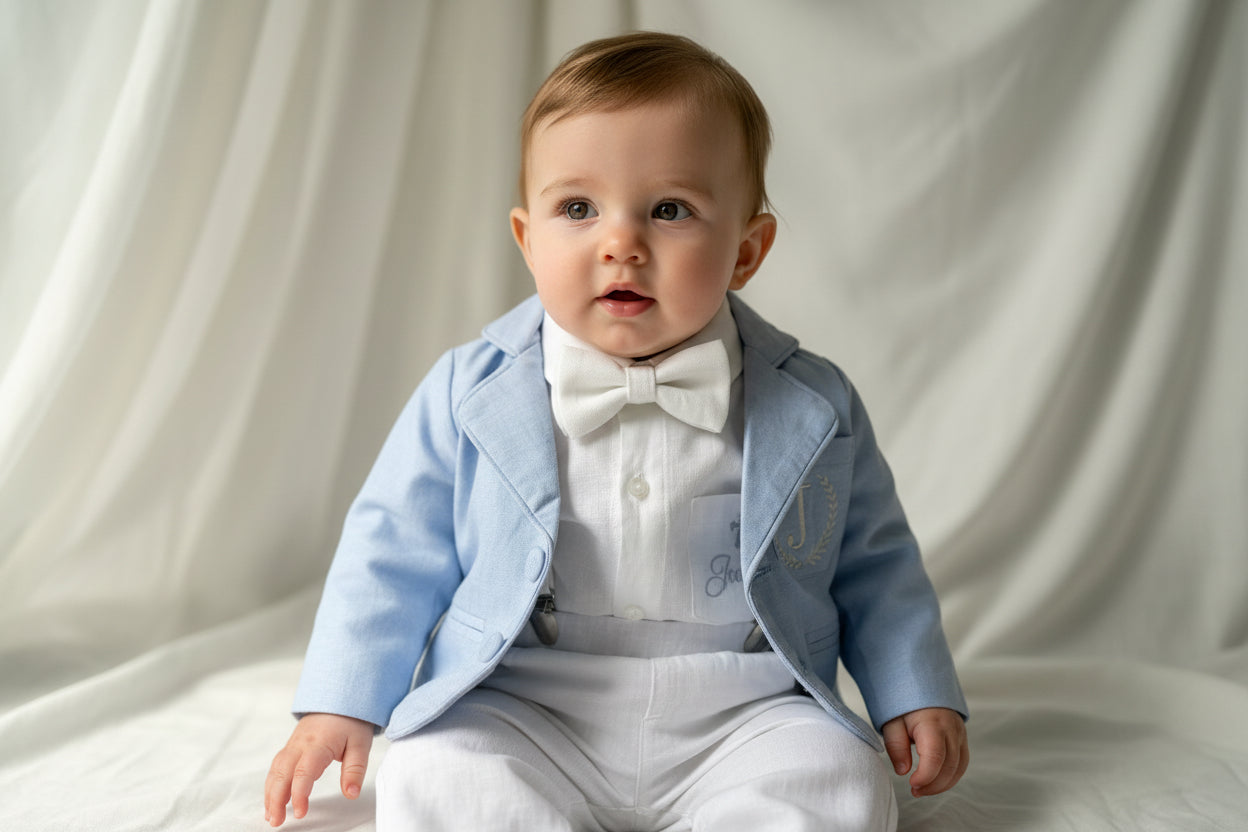 White linen Baptism Suit outfit with optional blue jacket and Accessories
