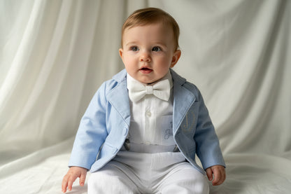 White linen Baptism Suit outfit with optional blue jacket and Accessories