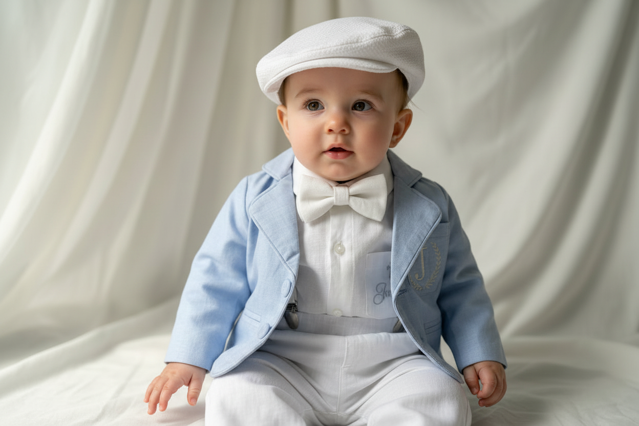 White linen Baptism Suit outfit with optional blue jacket and Accessories