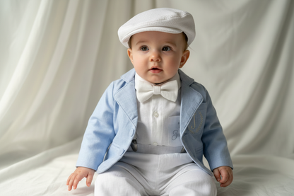 White linen Baptism Suit outfit with optional blue jacket and Accessories