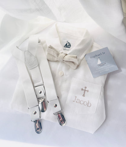 Baby and Toddler Boys white linen baptism outfit with bloomers, shirt, suspenders, bow tie