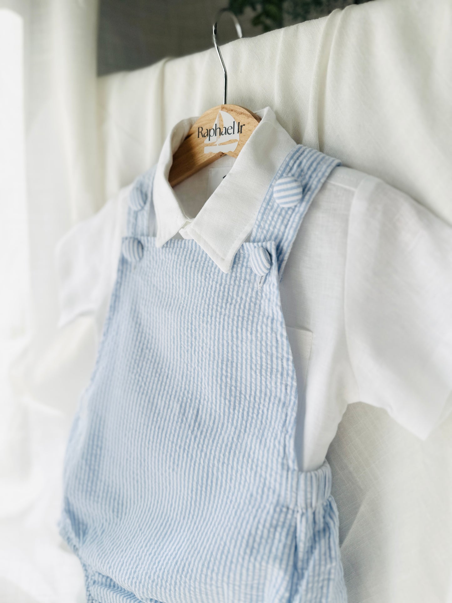 Boys Blue Seersucker teddy bear First Birthday romper