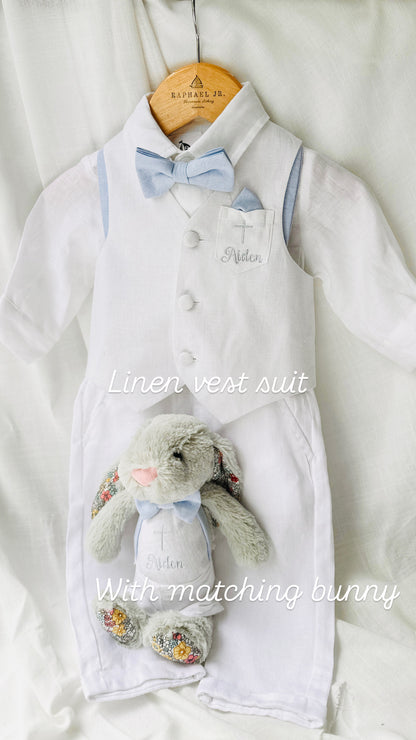 Boys white linen full length Baptism set with vest, shirt, pants, suspenders and bow tie