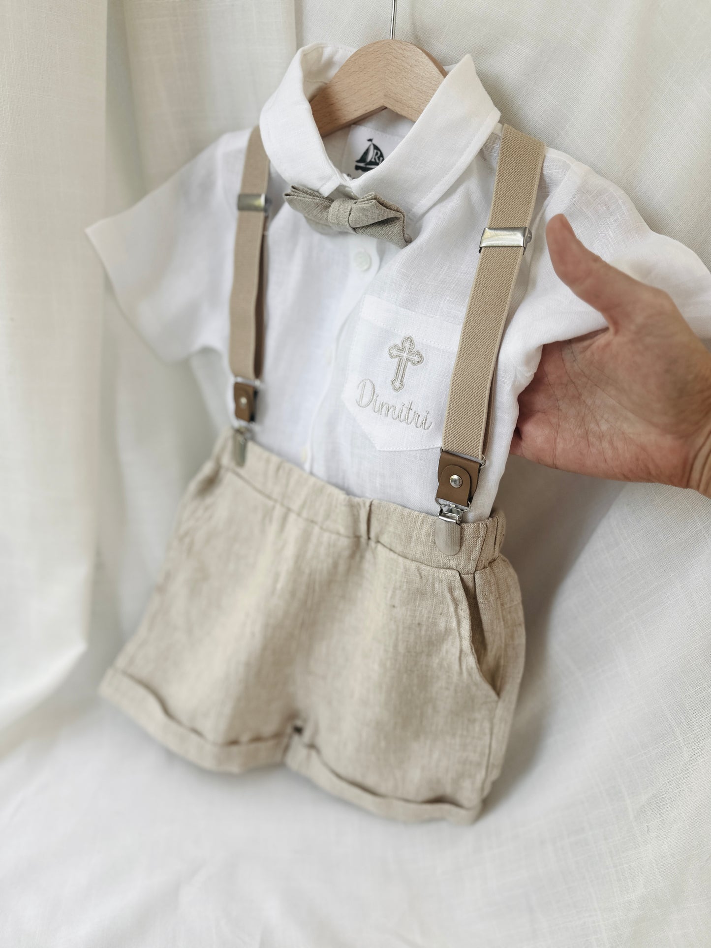 Beige Linen Baptism outfit with suspender shorts, shirt, and bow tie plus optional jacket and embroidery