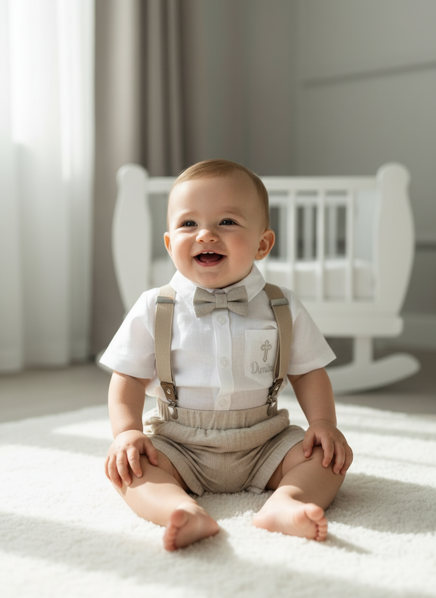 Beige Linen Baptism outfit with suspender shorts, shirt, and bow tie plus optional jacket and embroidery