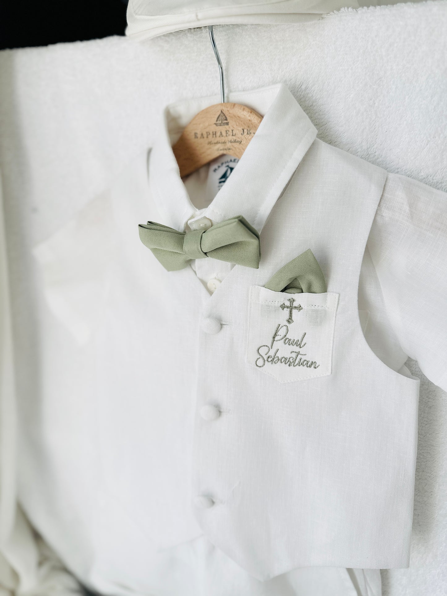 Boys pale blue and white set with vest, pants, linen shirt, bowtie and suspenders, plus optional jacket cap and shoes