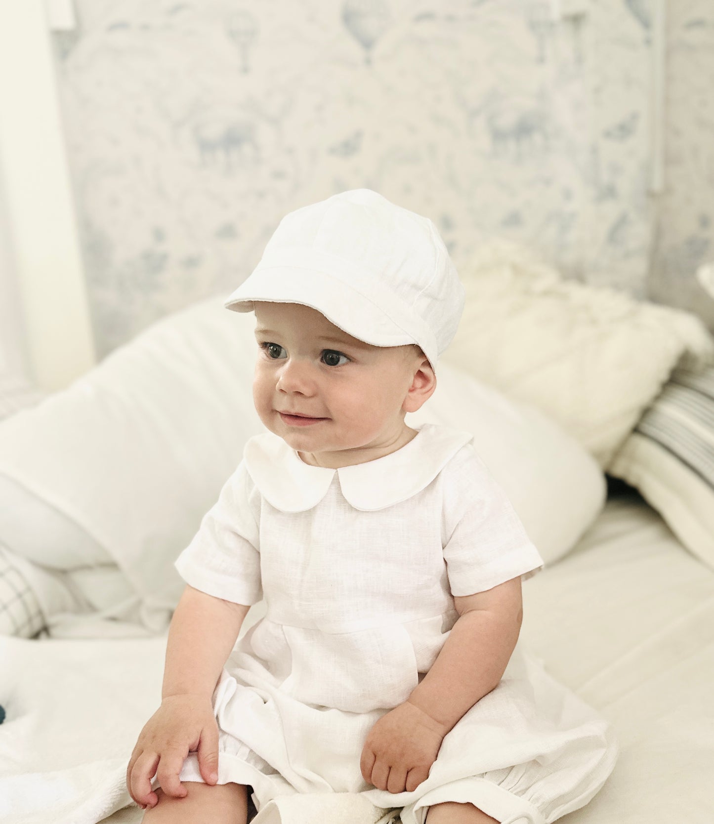 Linen Baptism 3/4 length jumpsuit with optional cardigan and embroidery