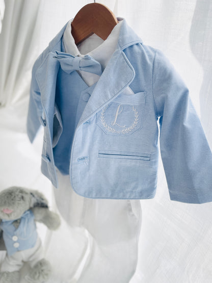 Boys Light blue suit with blue vest, bow tie optional jacket, plus white linen shirt and suspender pants