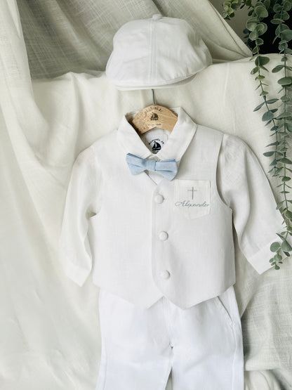 Boys pale blue and white set with vest, pants, linen shirt, bowtie and suspenders, plus optional jacket cap and shoes