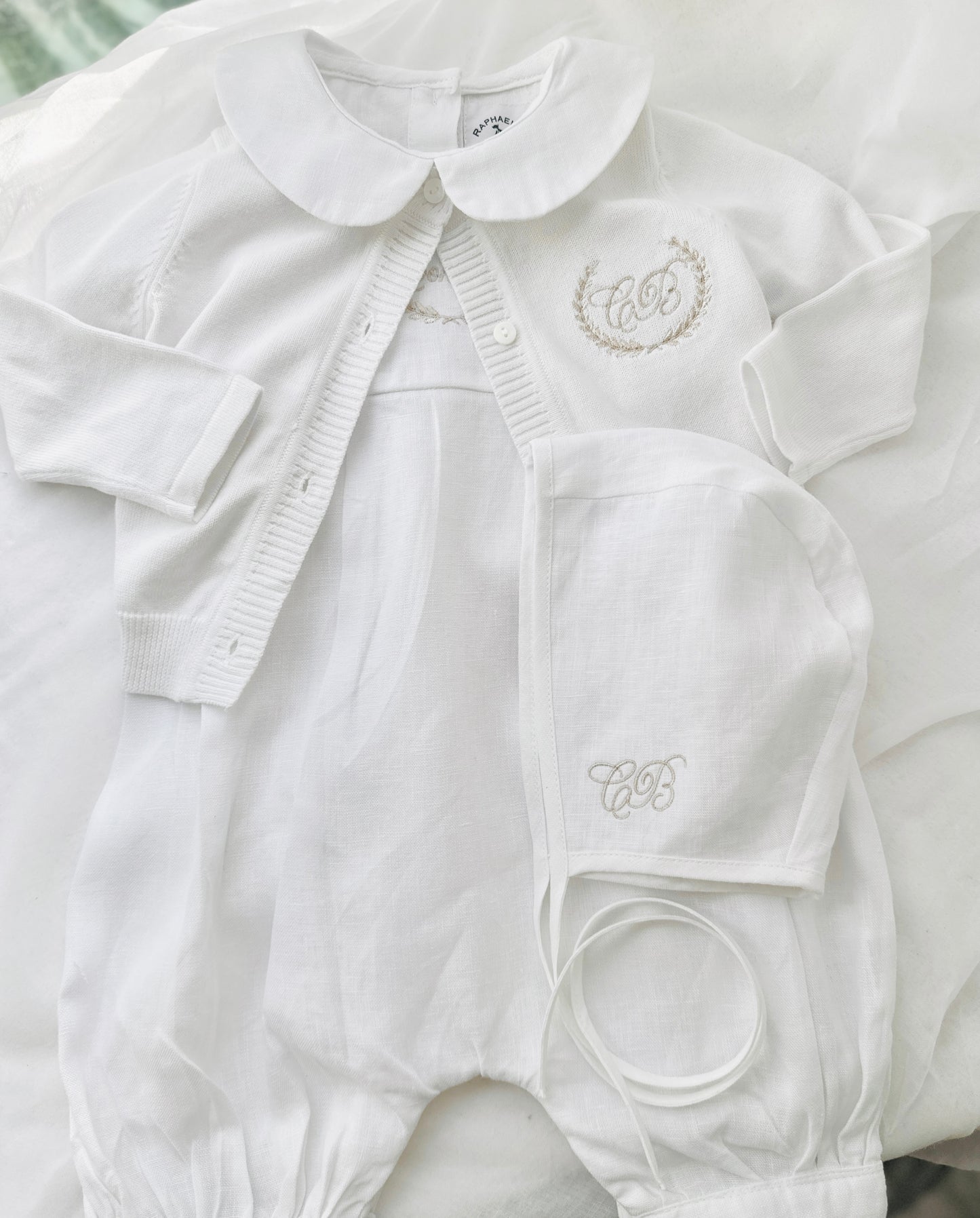 White Linen Unisex Baptism Gown 3/4 length romper with detachable skirt