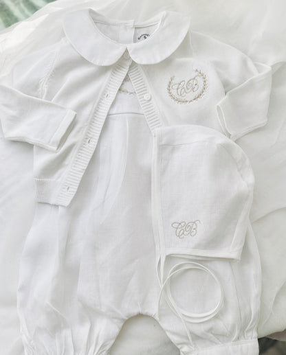 White Linen Unisex Baptism Gown 3/4 length romper with detachable skirt