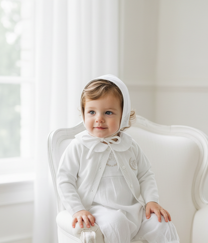 Linen Baptism 3/4 length jumpsuit romper with optional cardigan and embroidery