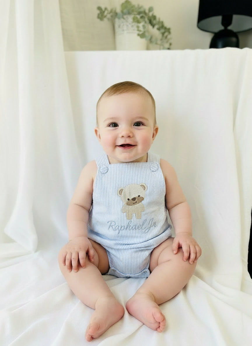 Baby and Toddler boys blue and white linen baptism and birthday romper and shirt set
