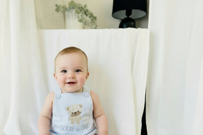 Baby and Toddler boys blue and white linen baptism and birthday romper and shirt set
