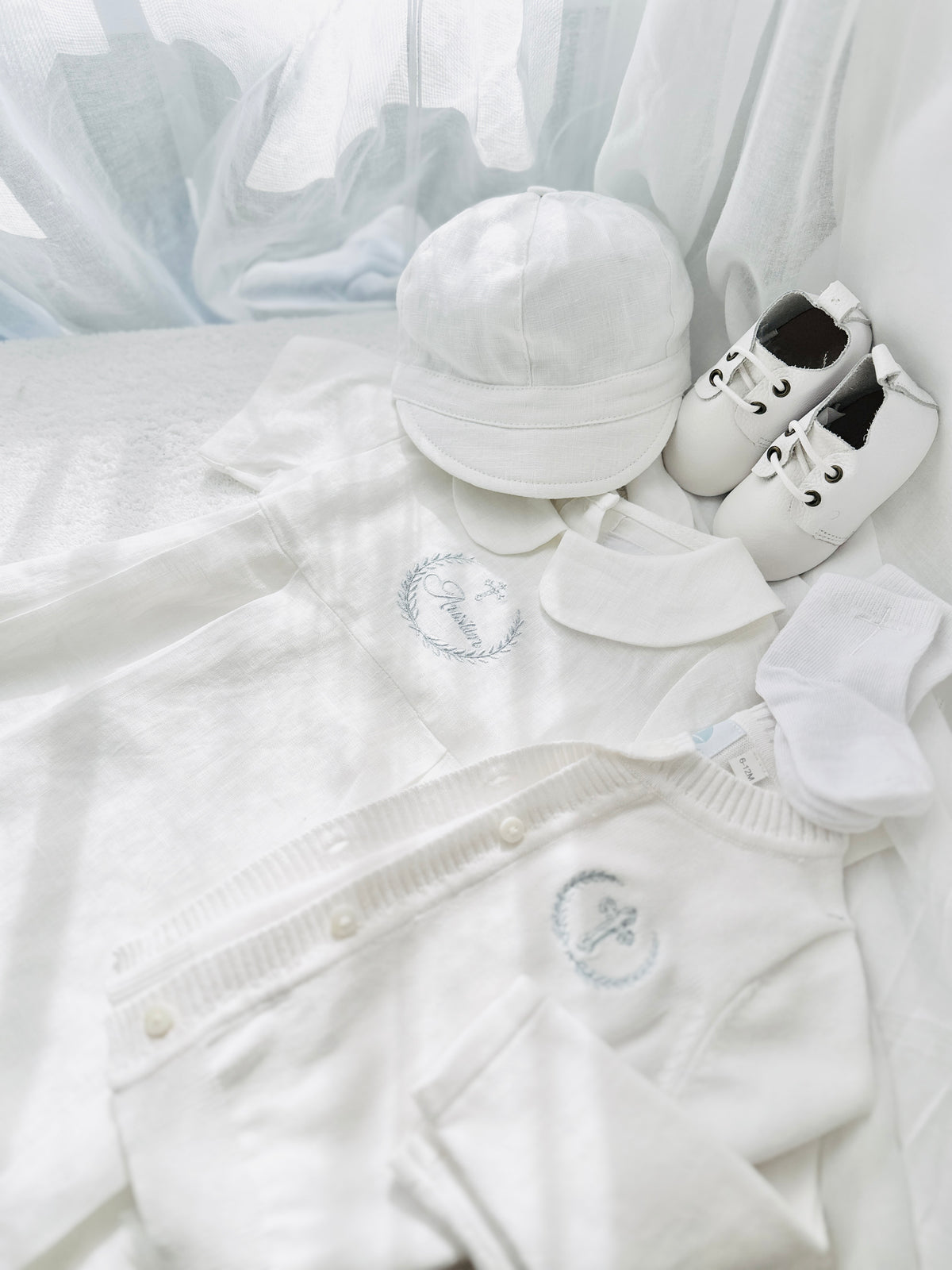 Linen Baptism 3/4 length jumpsuit romper with optional cardigan and embroidery