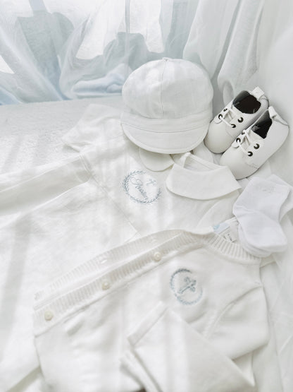 Linen Baptism 3/4 length jumpsuit romper with optional cardigan and embroidery