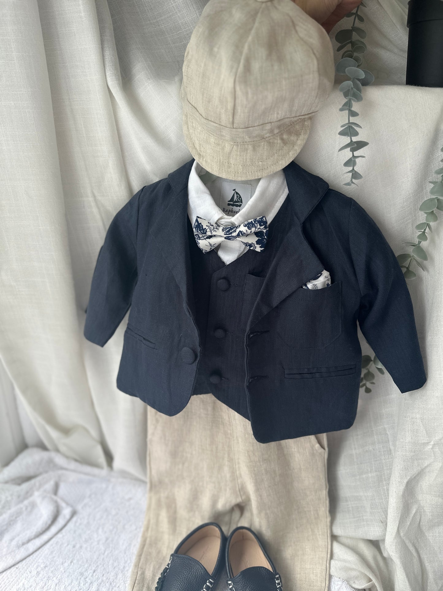 Boys Navy blue vest with beige linen suit