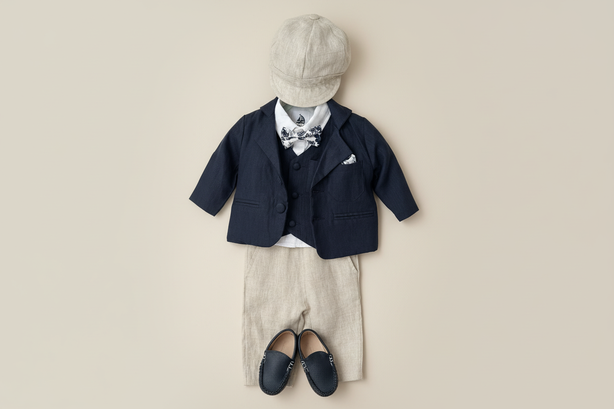 Boys Navy blue vest with beige linen suit