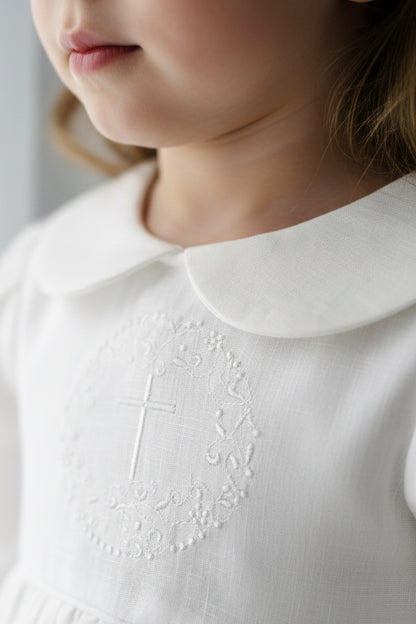 Pure Linen knee length Baptism Dress with embroidery and bloomers and optional ribbon