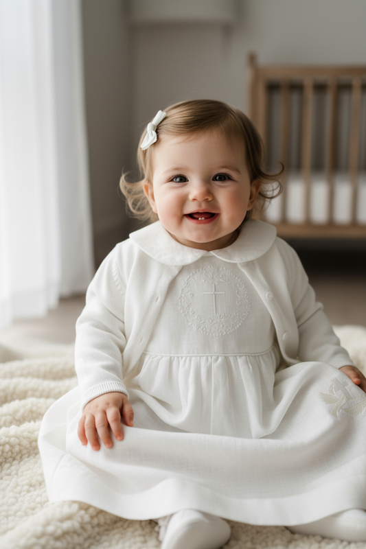 Pure Linen knee length Baptism Dress with embroidery and bloomers