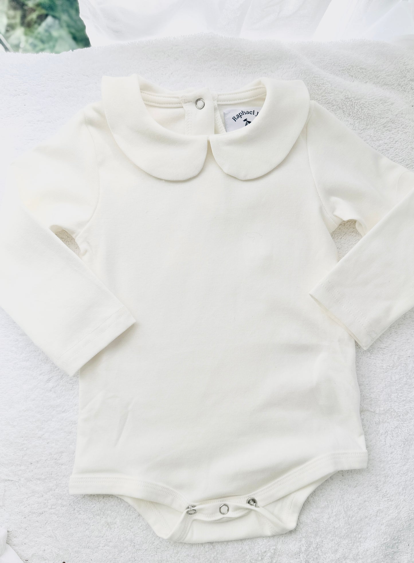 Baptism outfit with cotton onesie and cardigan or jumper and beige linen bloomers and white socks