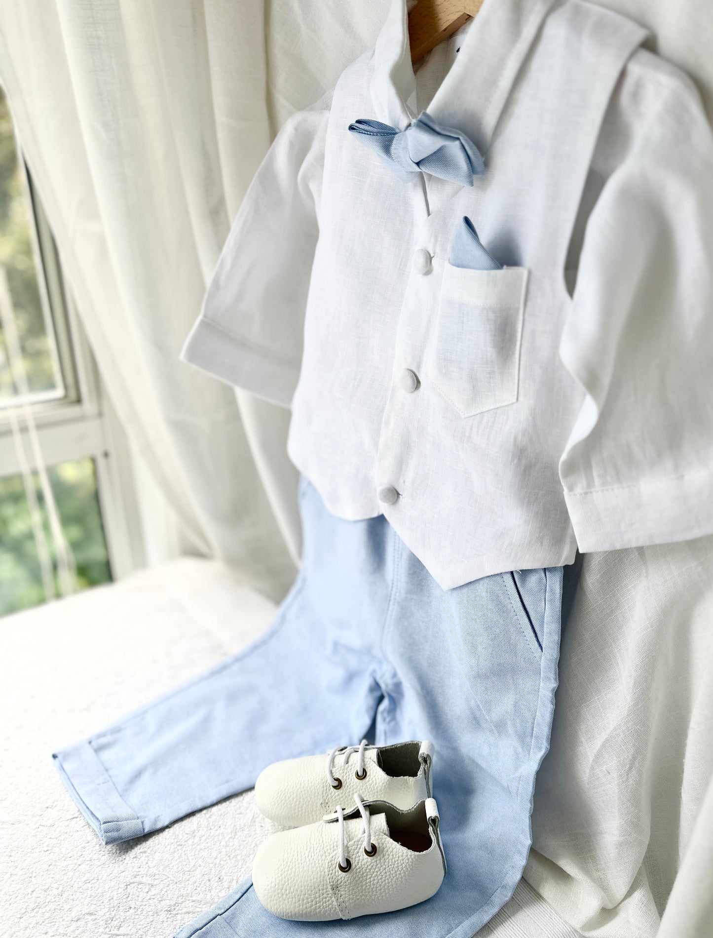 Boys pale blue and white set with vest, pants, linen shirt, bowtie and suspenders, plus optional jacket cap and shoes