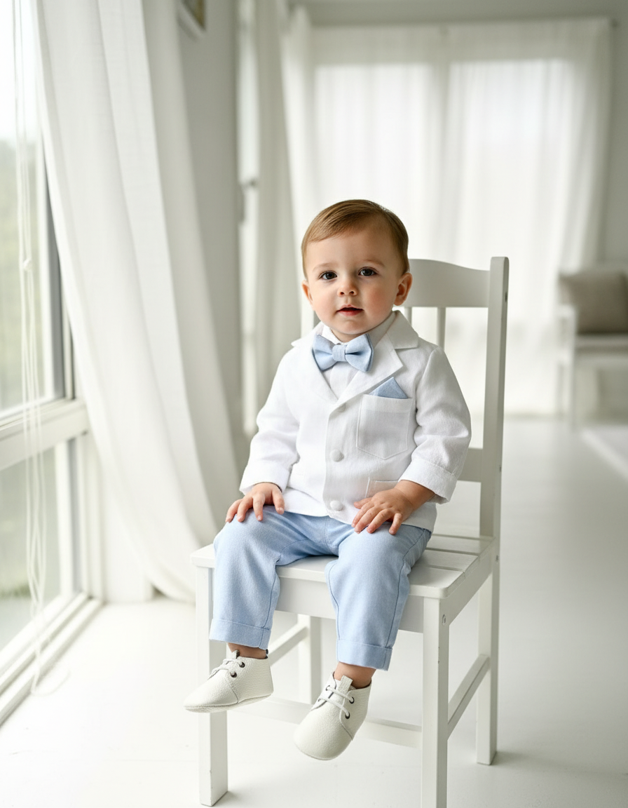 Boys pale blue and white set with vest, pants, linen shirt, bowtie and suspenders, plus optional jacket cap and shoes