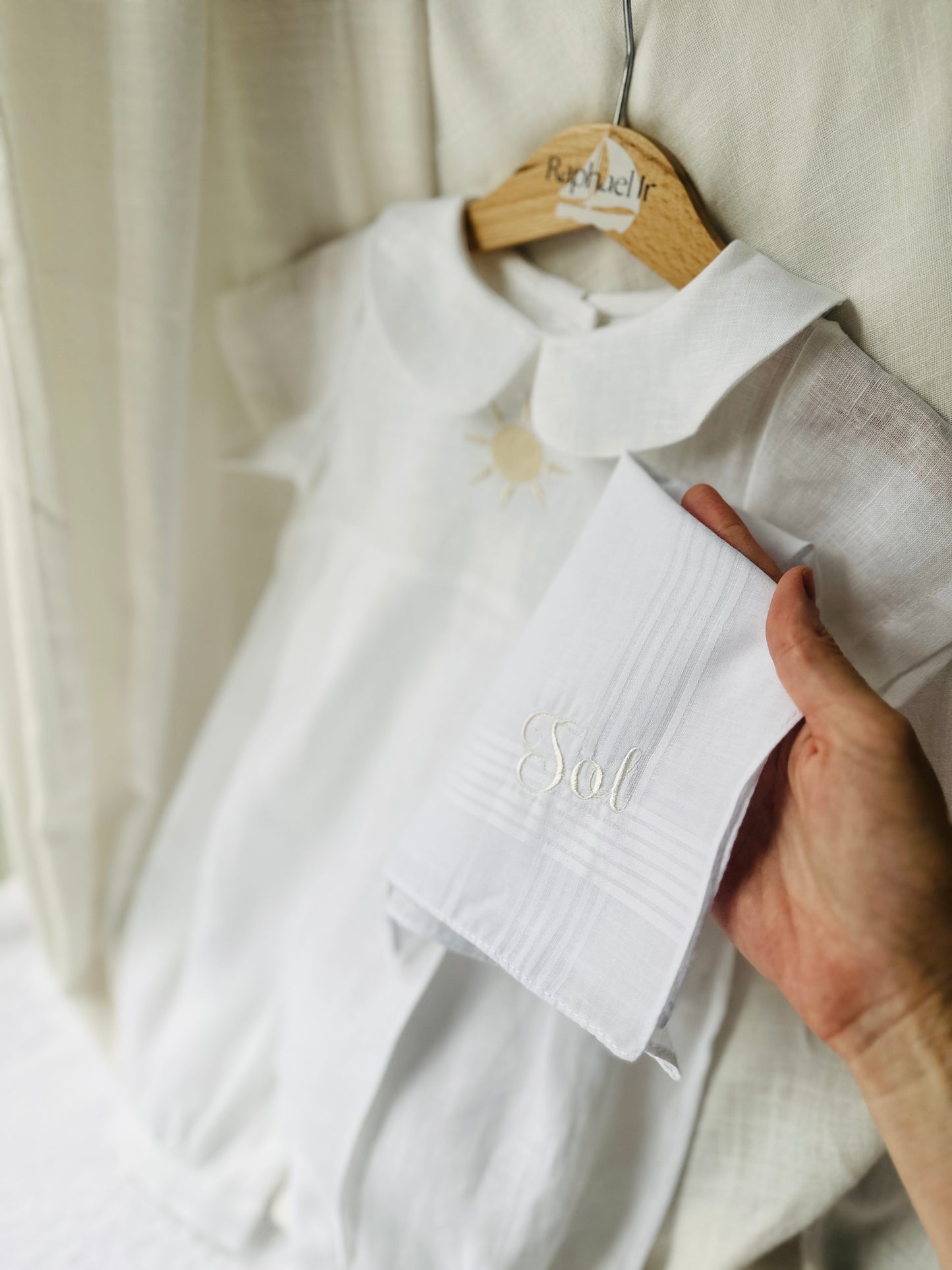 Beige Linen vest suit, shirt, pants, suspenders and bowtie plus optional jacket, cap and shoes