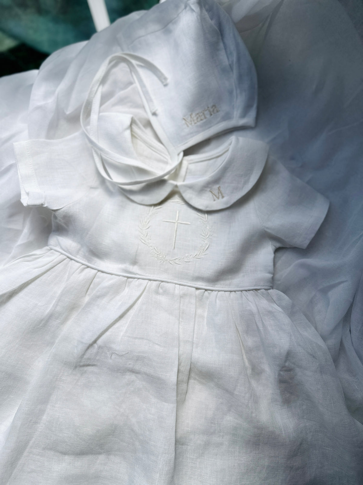 Pure Linen knee length Baptism Dress with embroidery and bloomers and optional ribbon
