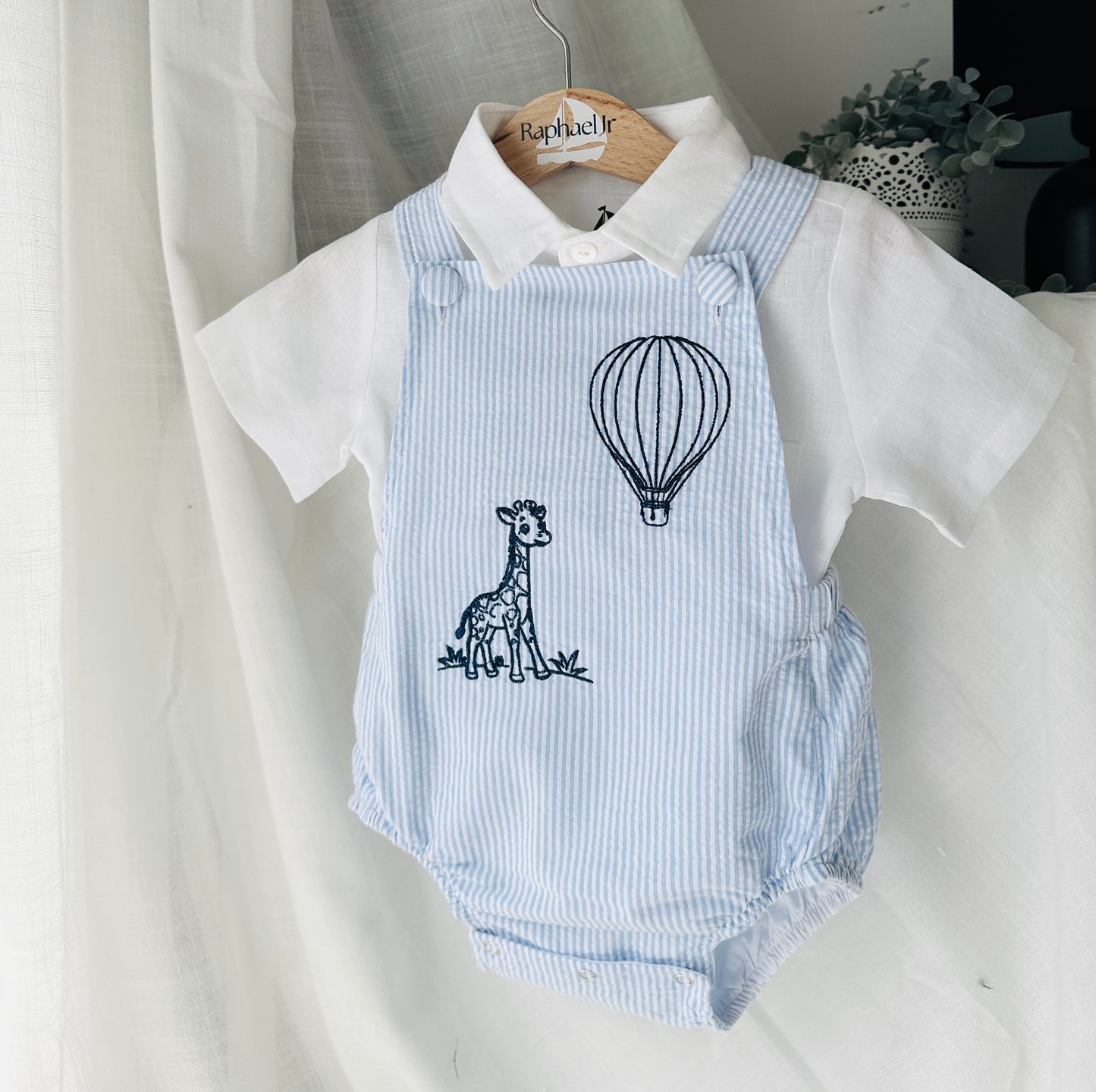 Baby and Toddler boys blue and white linen baptism and birthday romper and shirt set