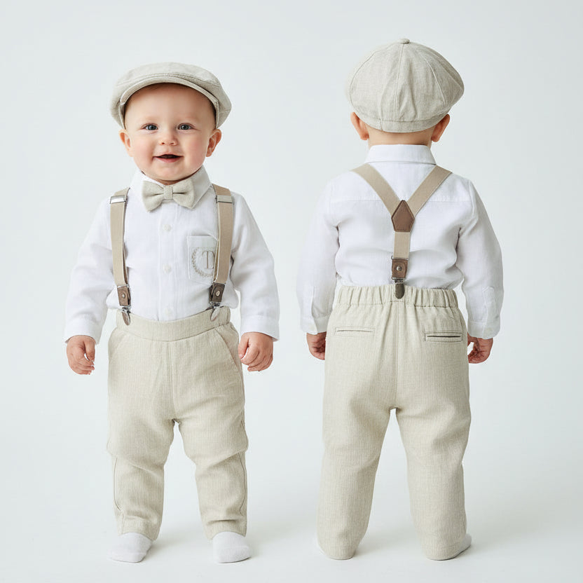 Beige linen pants and shirt set with bowtie and suspenders and optional personalisation