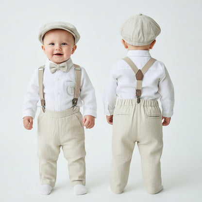 Beige linen pants and shirt set with bowtie and suspenders and optional personalisation