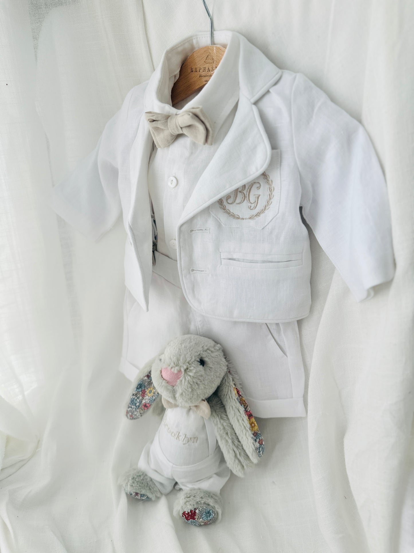 White linen summer Baptism outfit with suspender shorts, shirt, bowtie plus optional extras