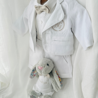 Boys White linen Baptism blazer jacket with optional embroidery