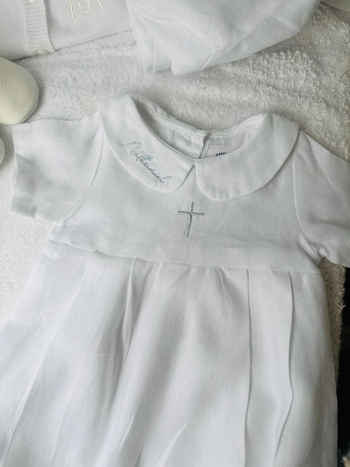 Linen Baptism 3/4 length jumpsuit romper with optional pale blue cardigan