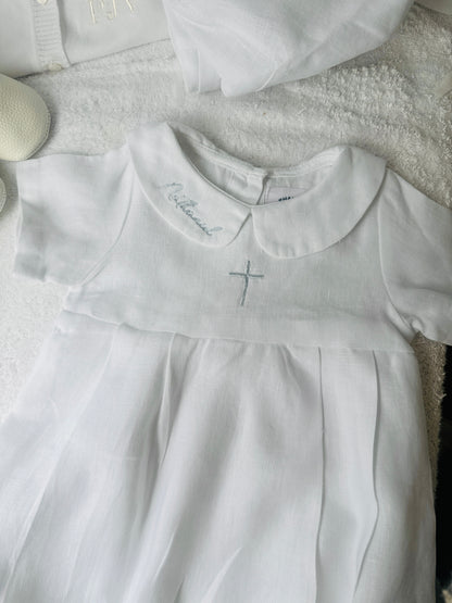 Linen Baptism 3/4 length jumpsuit romper with optional pale blue cardigan