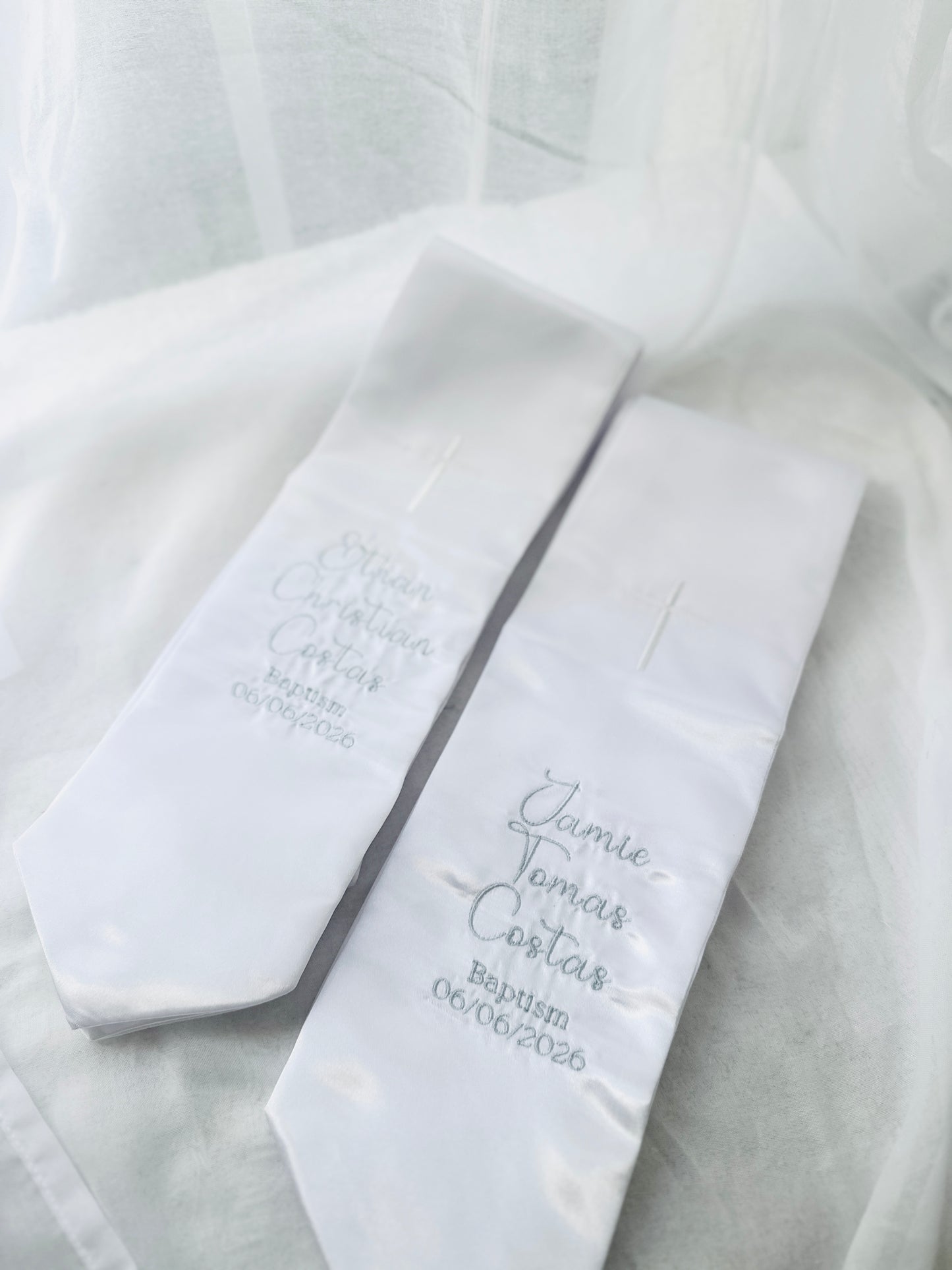 White satin children's sash stole for Baptisms 60in long