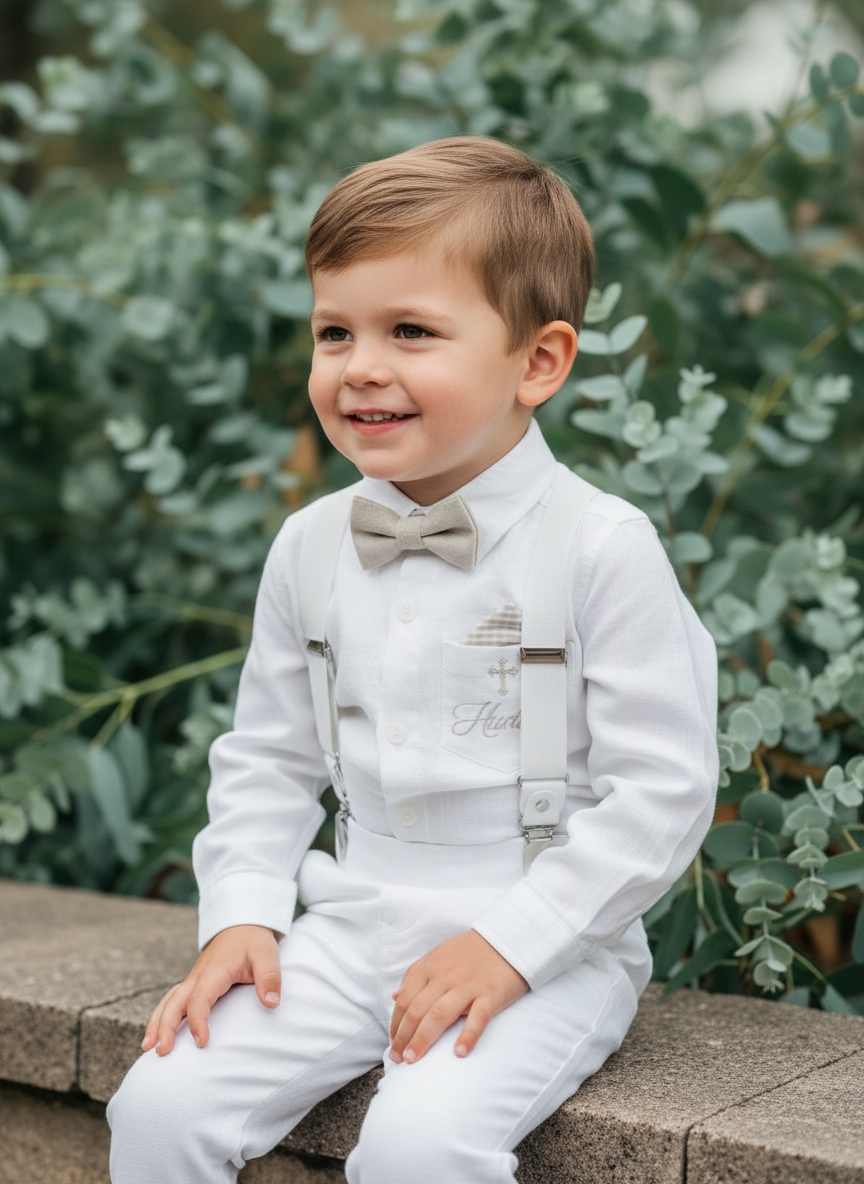 White linen Baptism suit set with pants, shirt, suspenders and bowtie plus optional jacket and extras