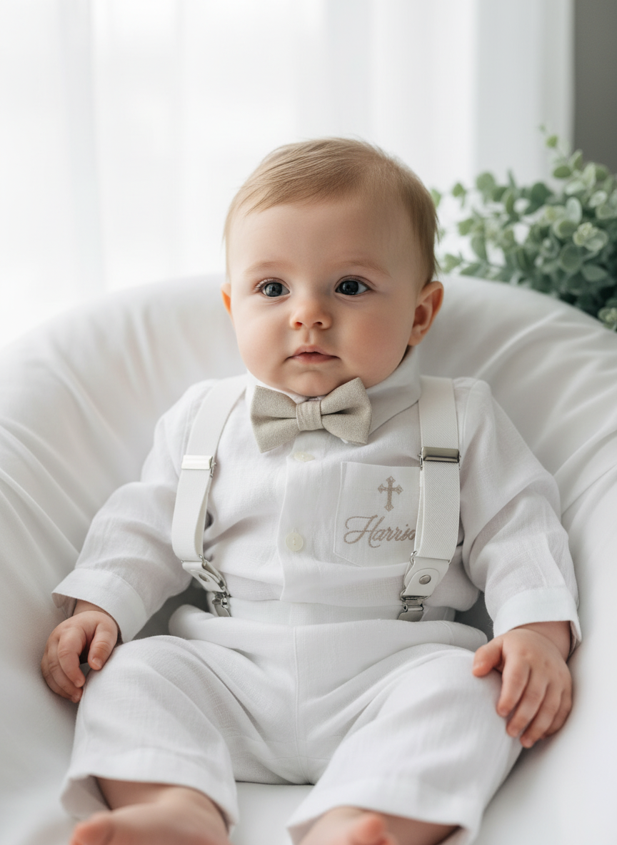 White linen Baptism suit set with pants, shirt, suspenders and bowtie plus optional jacket and extras