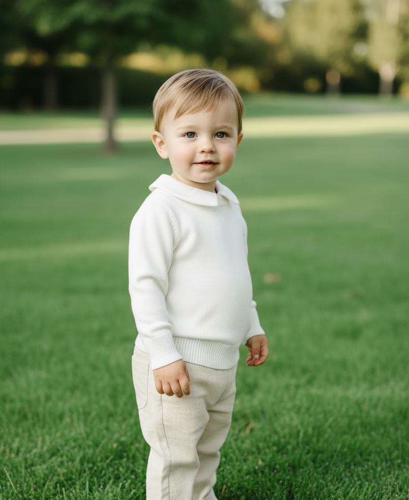 Birthday outfit with cotton onesie and embroidered jumper and linen pants