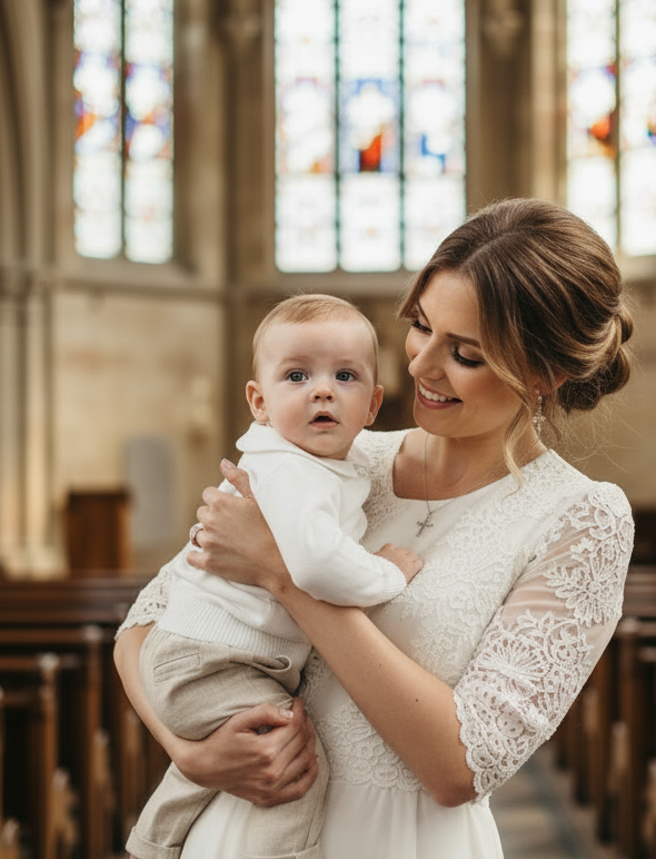 Baptism outfit with cotton onesie and jumper and linen pants