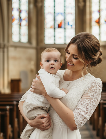 Baptism outfit with cotton onesie and jumper and linen pants